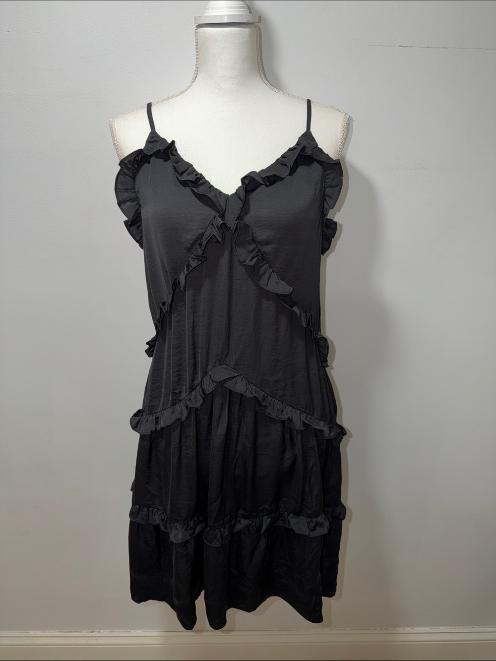 Rebecca Minkoff V Neck Mini Dress Slip Ruffle Size Small Black Whimsigoth Flowy